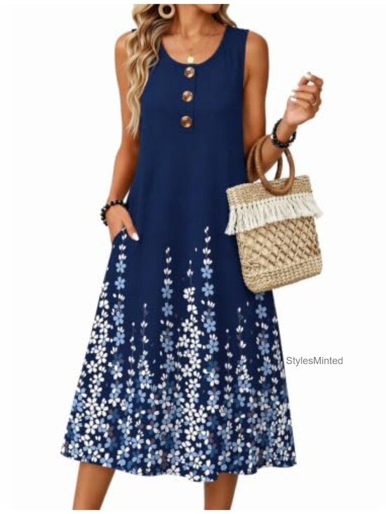 Dresses & Skirts - Sleeveless Midi Sundress with Pockets Button Down A-Line Casual Beach Dress